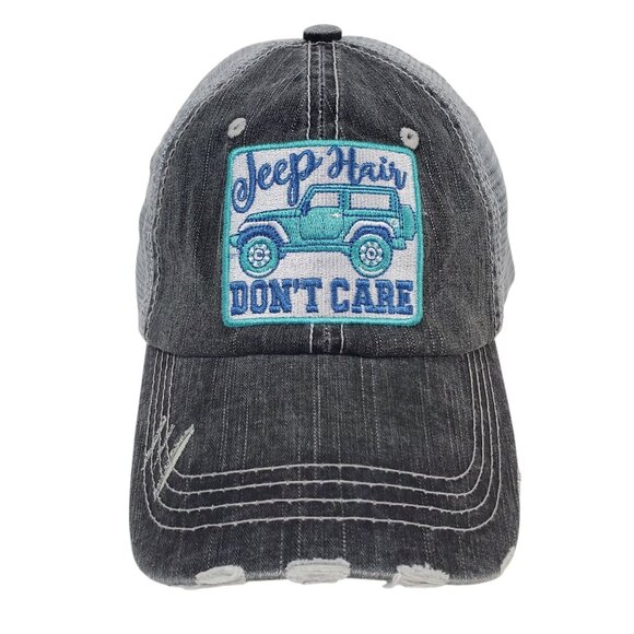 Distressed Gray "Jeep Hair Don't Care" Mesh Trucker Hat By Katydid Adjustable - Picture 2 of 10